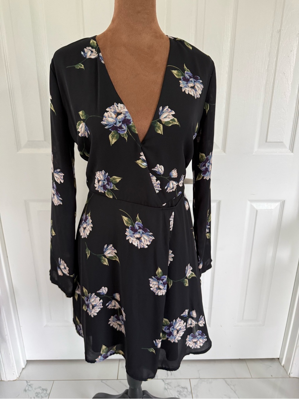 Lush Black Floral Wrap Dress with White and Purple Blooms